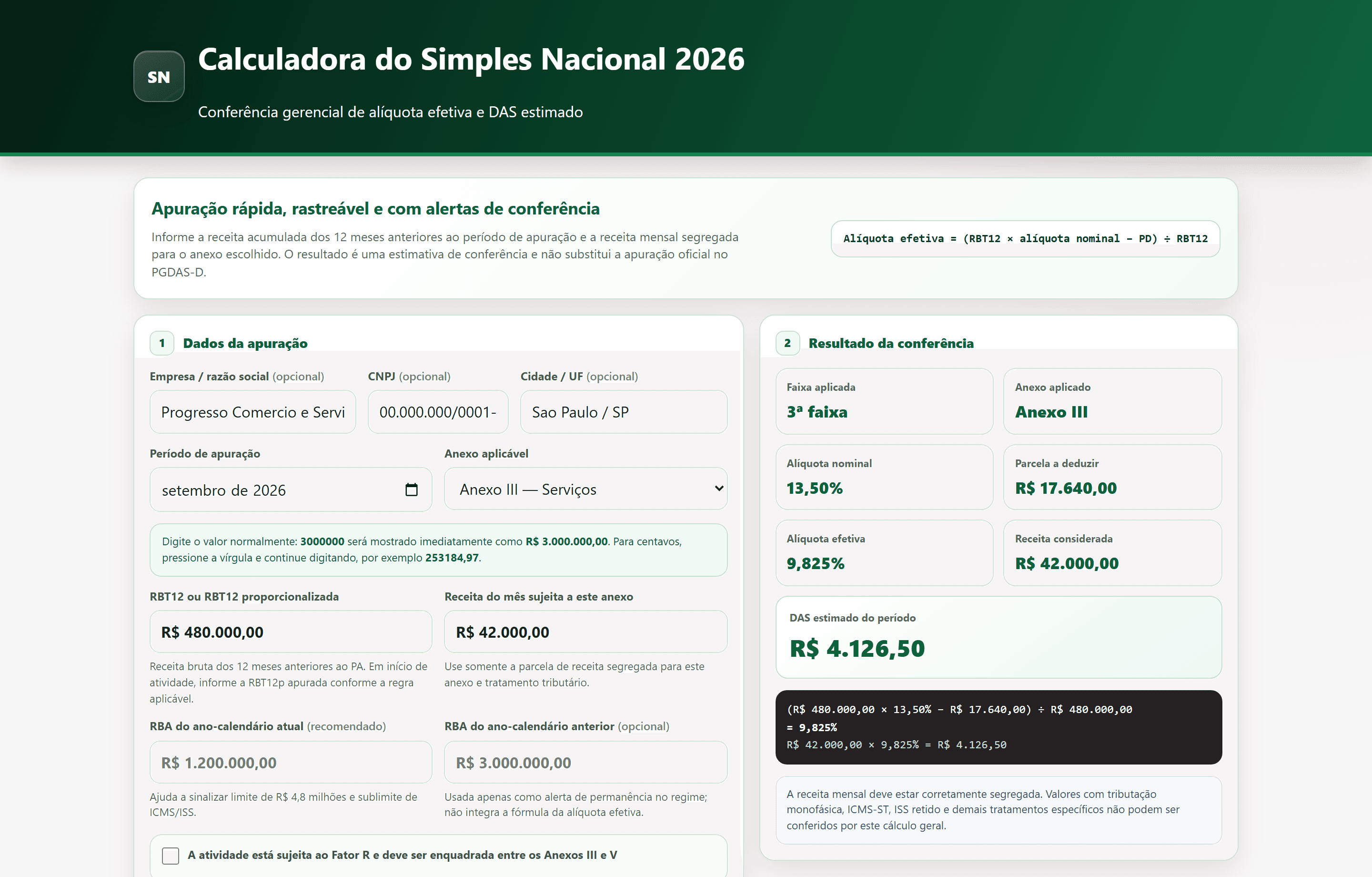 Calculadora do Simples Nacional com apuração de alíquota efetiva, Fator R e DAS estimado.