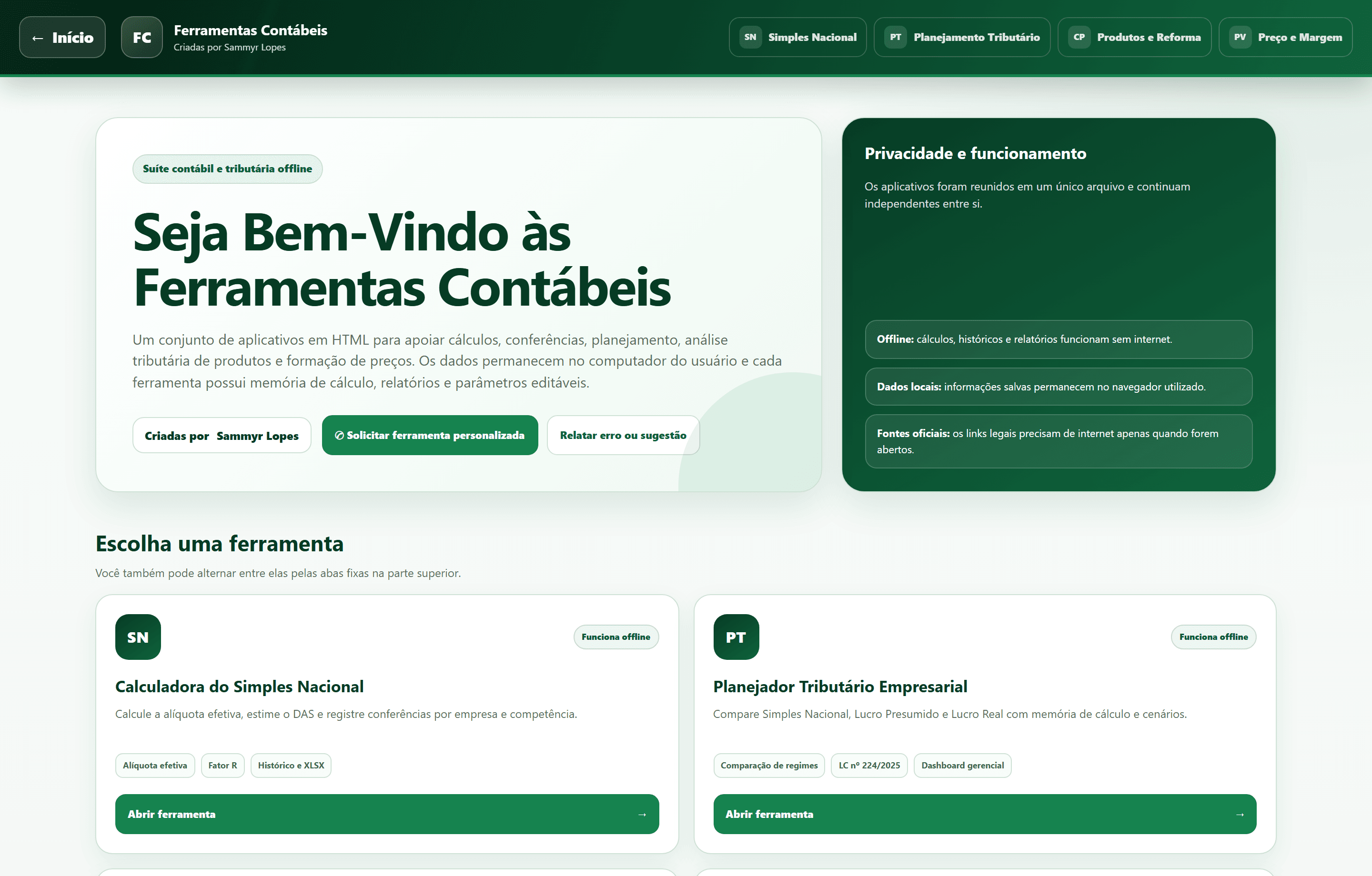 Suíte Integrada de Ferramentas Contábeis desenvolvida por Sammyr Lopes com navegação entre calculadoras.